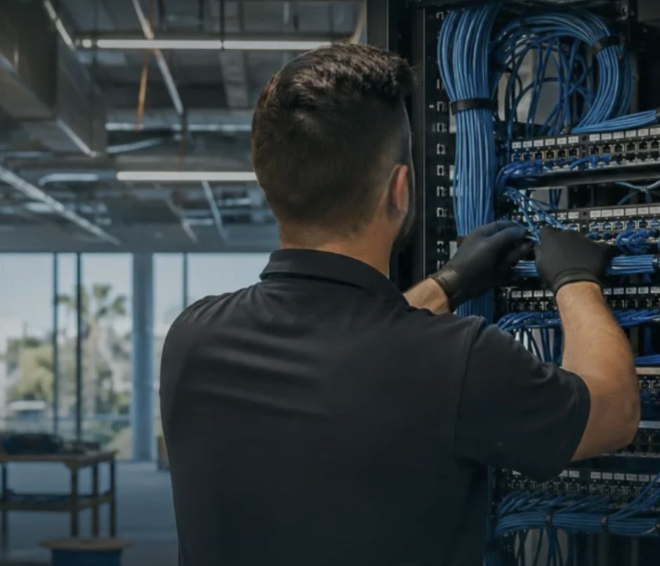 Cole terminating and dressing cable in a network rack during an office buildout.