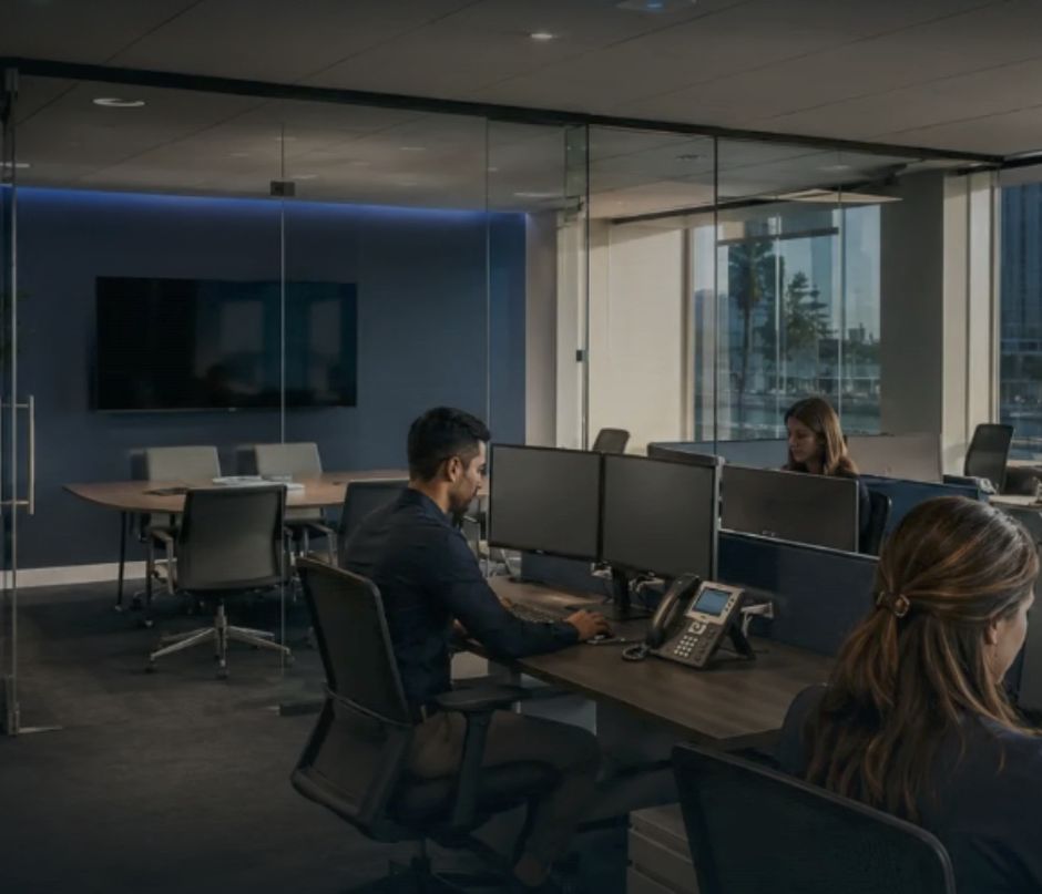 Staff working at desks with dual monitors and VoIP handsets in a finished office.