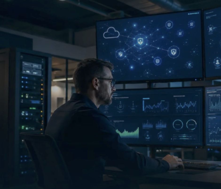 Monitoring dashboards showing network health, alerts and security status.